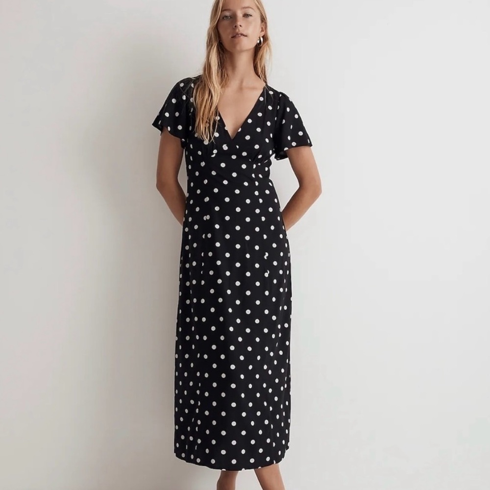 Madewell flutter sleeve deep v polka dot midi dress